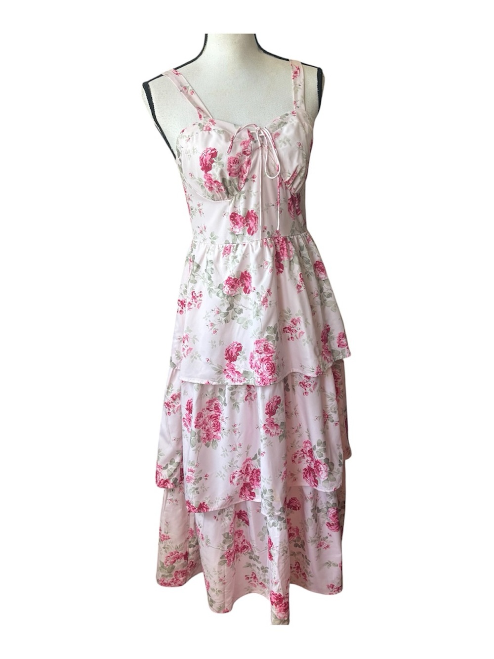 Scarlet Darkness Pink Floral Tiered Midi Dress 6 Coquette Cottage Core Romantic